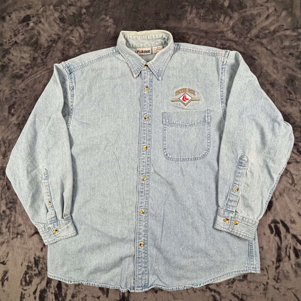 Mark Athletic Denim Shirt Mens L Light Blue Fenway Park Boston Red Sox Button Up